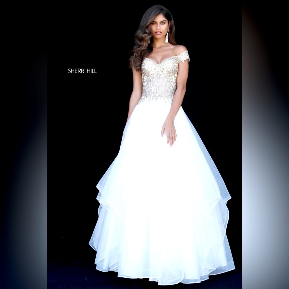 Sherri Hill 51614 Lace Appliqued Corset Tiered A Line Dress White& Gold(Sz16)